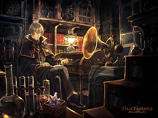 male anime character, anime, library, magic, laboratories