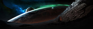 moon with green and blue lightning wallpaper, space, multiple display, space art, planet