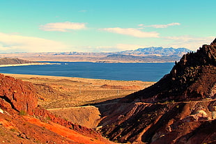 aerial photo of a mountain and lake, lake mead, boulder city, nevada