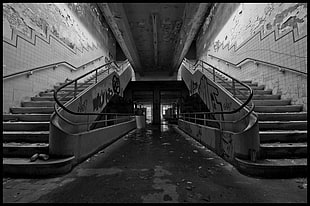 concrete steps, stairs, monochrome, train station, abandoned HD wallpaper