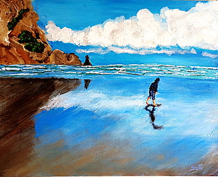 person walking on body of water painting, landscape, seashells, traditional art, painting
