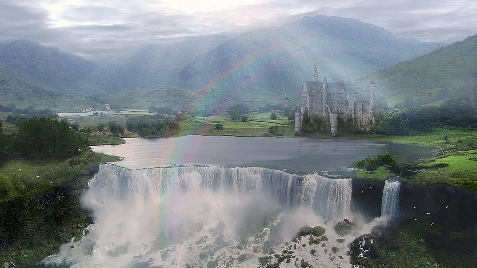 waterfalls, fantasy art, castle, digital art, waterfall HD wallpaper