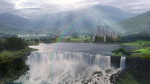 waterfalls, fantasy art, castle, digital art, waterfall