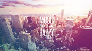 city skyline illustration with Music makes me happy text overlay HD wallpaper