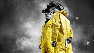two characters Breaking Bad digital wallpaper, Breaking Bad, selective coloring, gas masks, Walter White