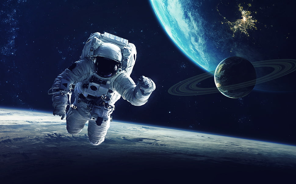 white astronaut suit, astronaut, planet, space, space art HD wallpaper
