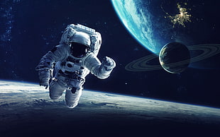 white astronaut suit, astronaut, planet, space, space art HD wallpaper