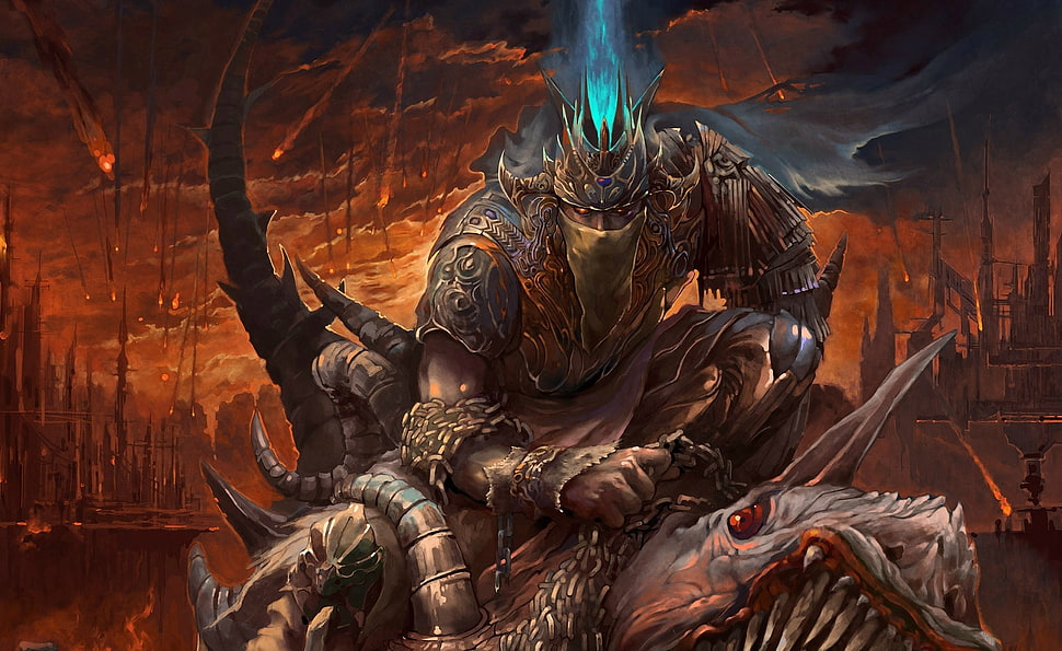 black and brown dragon print textile, artwork, warrior, fire, armor HD wallpaper