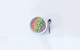 round white ceramic bowl and silver spoon, Lucky Charms, marshmallows, minimalism, food
