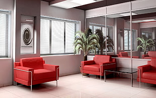gray stainless steel frame red fabric padded sofa chair inside well lit room HD wallpaper