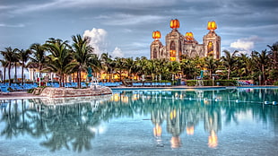 blue body of water, HDR, building, reflection, palm trees