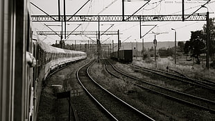 gray railroad tracks, train, railway, monochrome