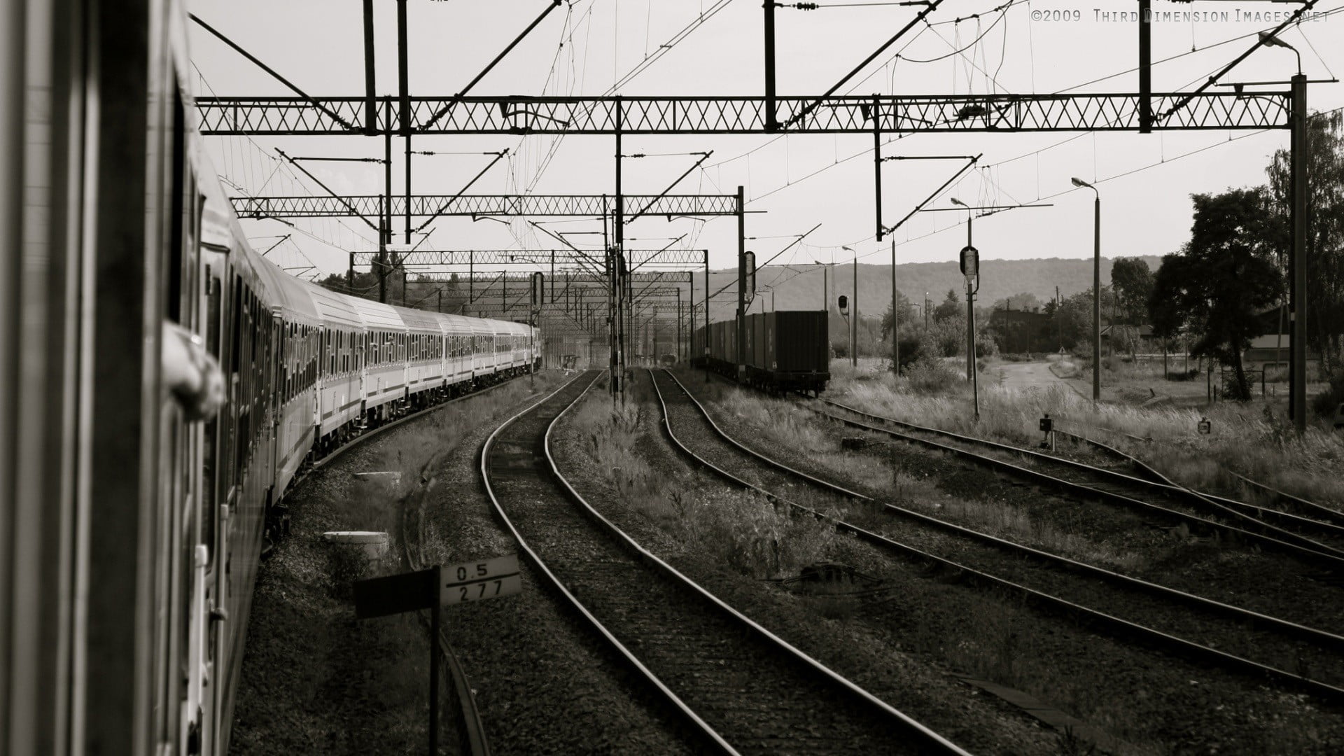 gray railroad tracks, train, railway, monochrome