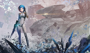 blue-haired female anime character, fantasy art, futuristic