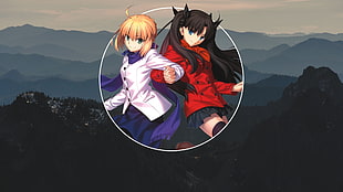 two blonde and black-haired female anime characters digital wallpaper, anime, shapes, Fate Series, Saber