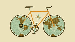 orange, green, and brown road bike illustration, digital art, simple background, minimalism, bicycle