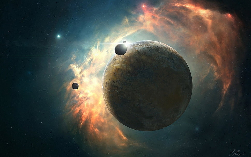 planet with surrounded by moons graphic wallpaper, space, planet HD wallpaper