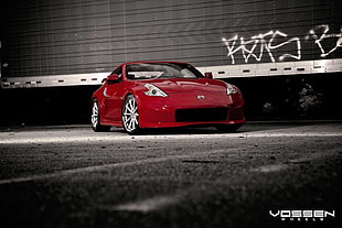 red coup illustration, car, Nissan, Nissan 370Z, selective coloring