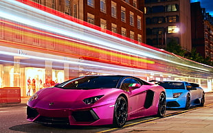 red 5-door hatchback, car, Lamborghini, pink, motion blur