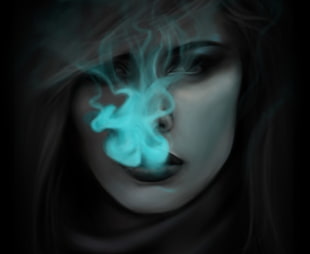 person smoking blue smoke painting, artwork, face, smoke, painting