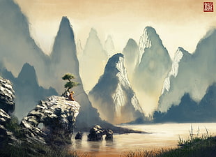 painting of man fishing on rock formation, fantasy art