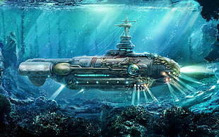 grey submarine illustration, Nautilus, submarine, fantasy art