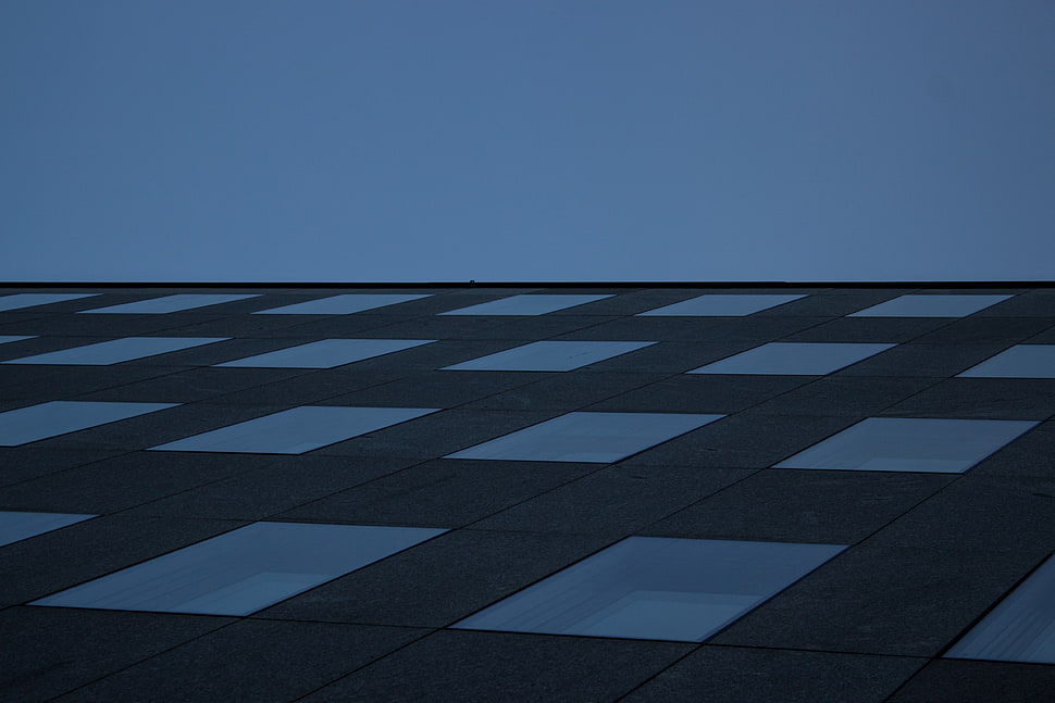 black and white tile, simple, blue, window, surreal HD wallpaper