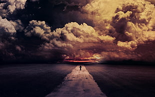 silhouette of person in middle of road with clouds in background wallpaper, digital art, road, clouds, dark