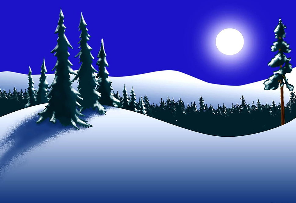 pine trees and snow covered mountains digital wallpaper HD wallpaper