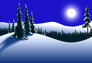 pine trees and snow covered mountains digital wallpaper