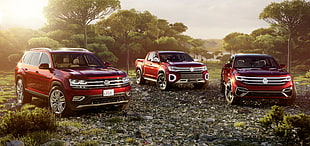 three red Volkswagen pickup trucks HD wallpaper