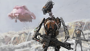 black and gray robot holding rifle
