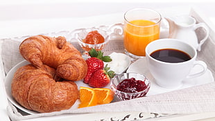 two croissants with strawberries, croissants, tea, food, breakfast HD wallpaper