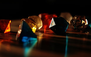 assorted-color gemstones, dice