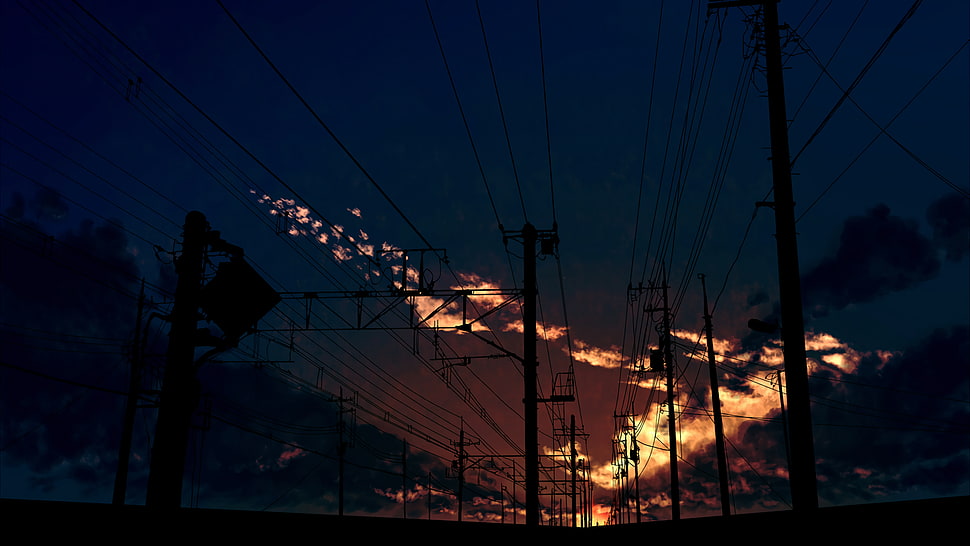 electricity post and cables, fantasy art, clouds, street HD wallpaper