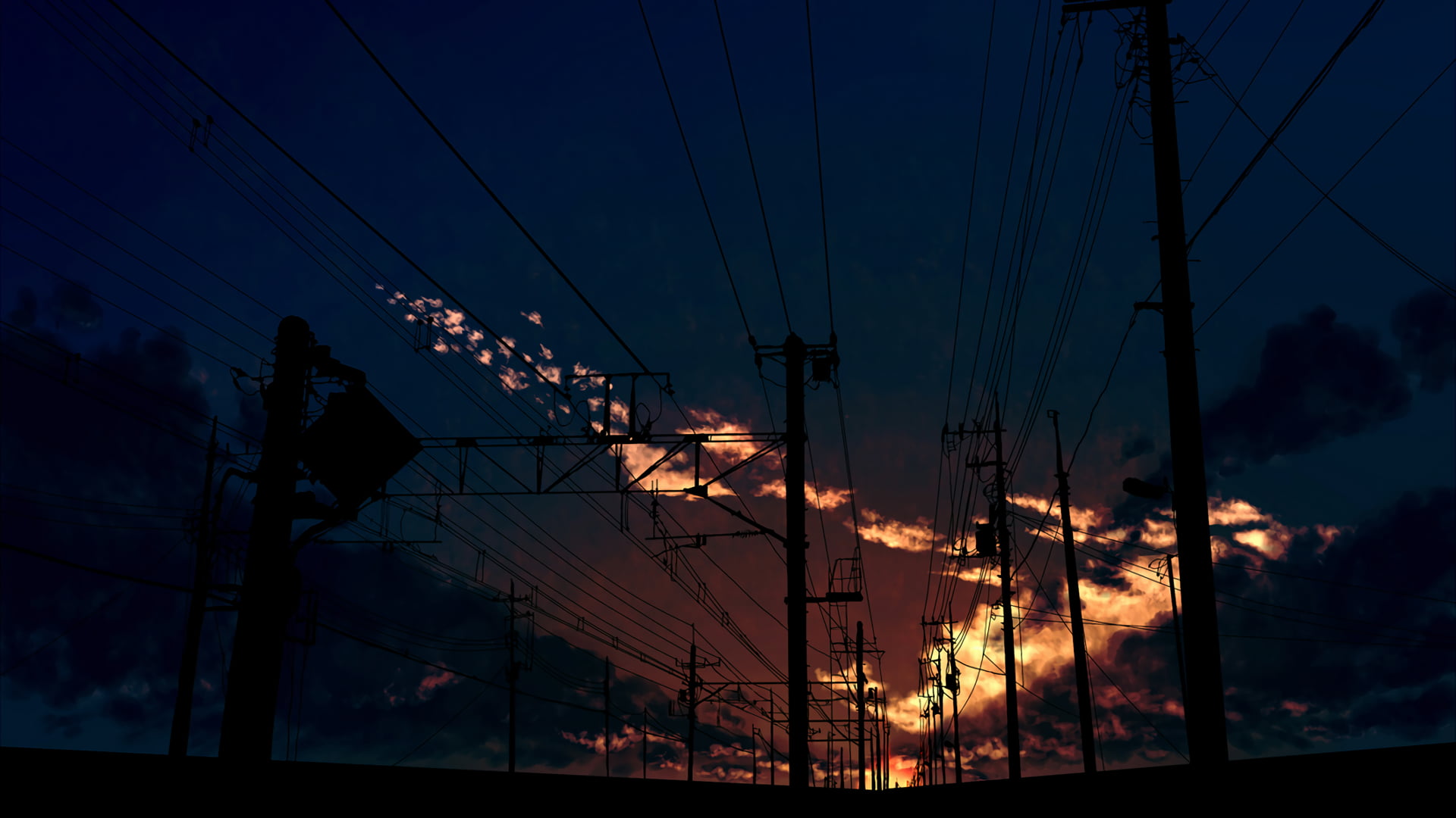 electricity post and cables, fantasy art, clouds, street