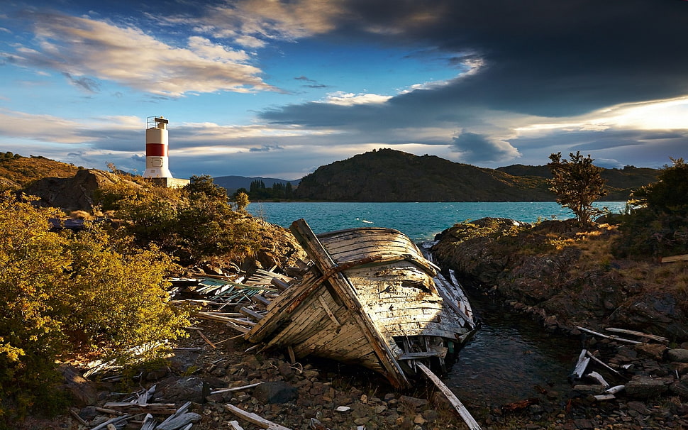 white lighthouse, nature, landscape, lighthouse, clouds HD wallpaper