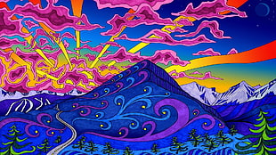 blue and purple mountain artwork painting, psychedelic, colorful, lines, nature