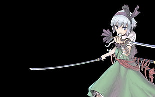 female anime character holding two katanas illustration