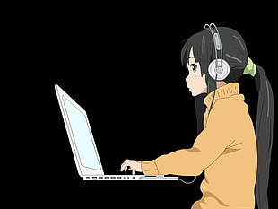 female anime character wearing brown turtle-neck long-sleeve and headset near laptop computer