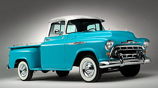 teal and white single cab pickup truck, car