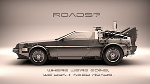 silver car with text overlay, Back to the Future