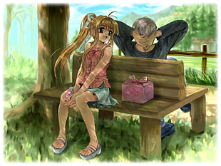 blond haired female anime character sitting on bench cartoon illustration