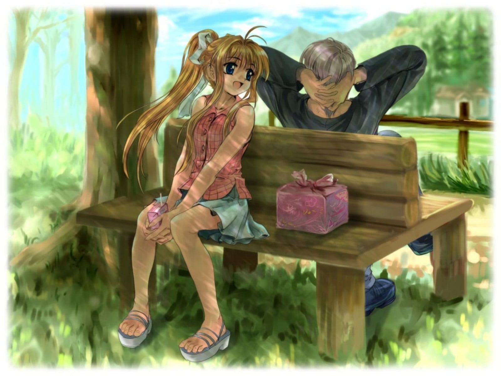 Blond haired female anime character sitting on bench cartoon illustration  HD wallpaper | Wallpaper Flare