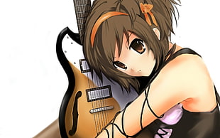 black short haired female anime character holding electric guitar illustration