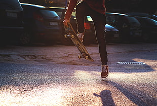 brown and black skateboard, skateboarding