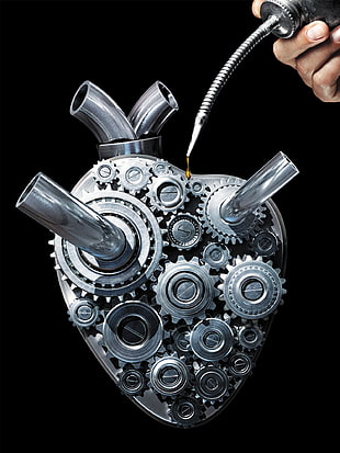 silver-colored heart metal decor, artwork, gears, motors, heart HD wallpaper