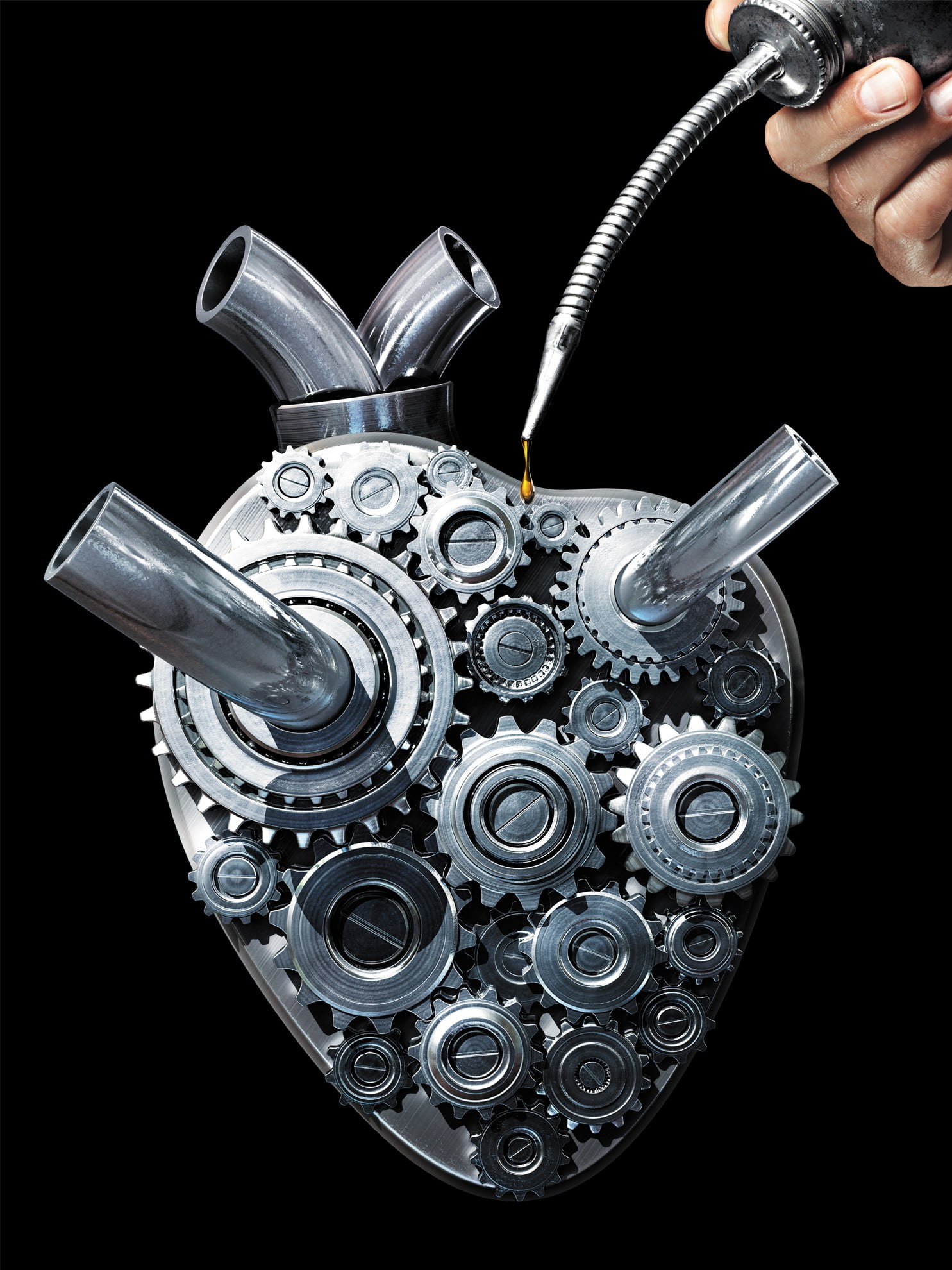 silver-colored heart metal decor, artwork, gears, motors, heart