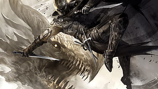 warrior and dragon digital wallpaper, video games, Guild Wars 2, artwork