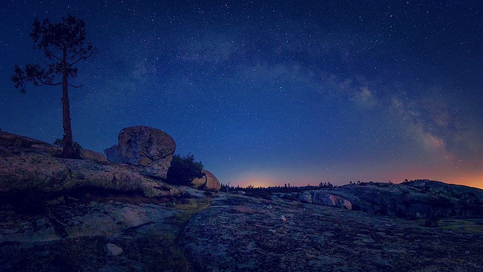 gray rock, nature, landscape, night, stars HD wallpaper